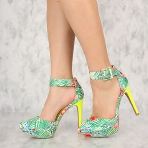 Qupid Tropical Print Ankle Strap 5 inch Heels